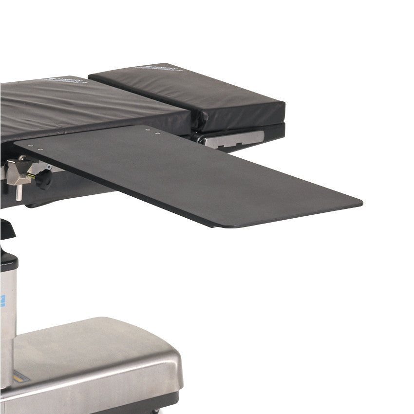 The Allen Carbon Light Rectangular Hand Table is shown, featuring a sleek, flat, black design attached to a medical table.