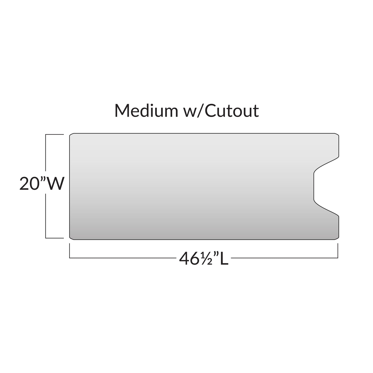 Diagram of the Action Medium Surface Overlay with Cutout, measuring 20" wide and 46.5" long, with a notch on one side.
