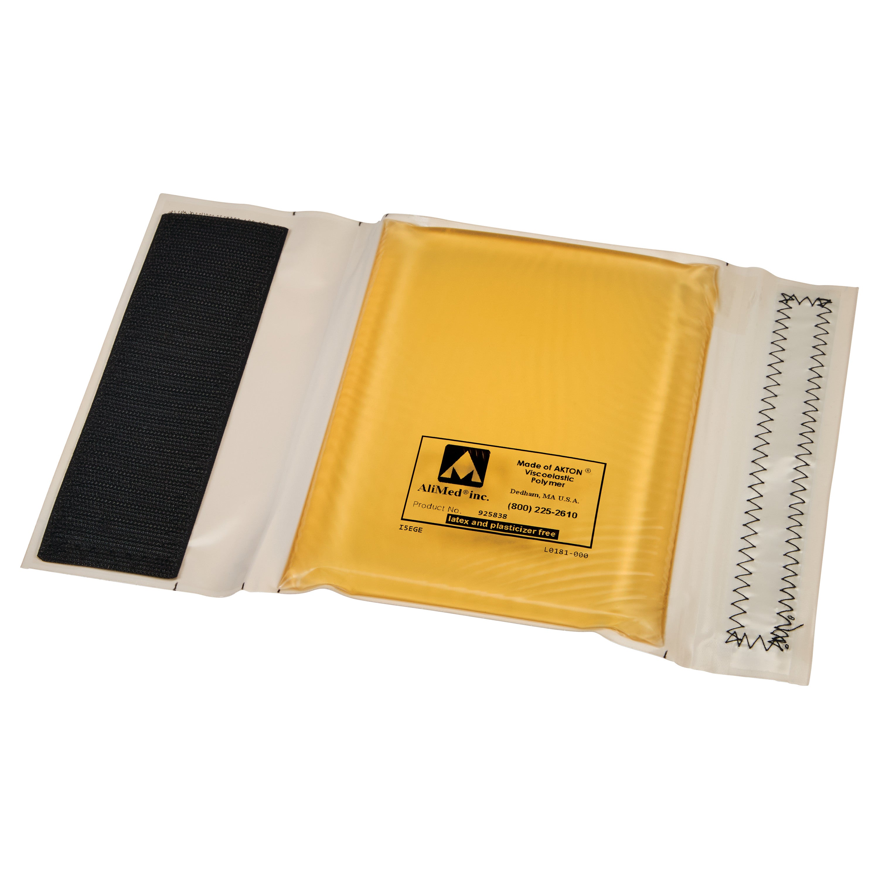 AliMed AliGel Fracture Table Post Pad, shown open with a yellow gel pad and adjustable black strap on the side.