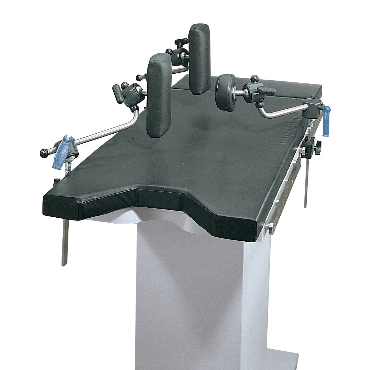 The Allen Lateral Brace with Locking Head is a medical support device on a surgical table, featuring adjustable padded supports.