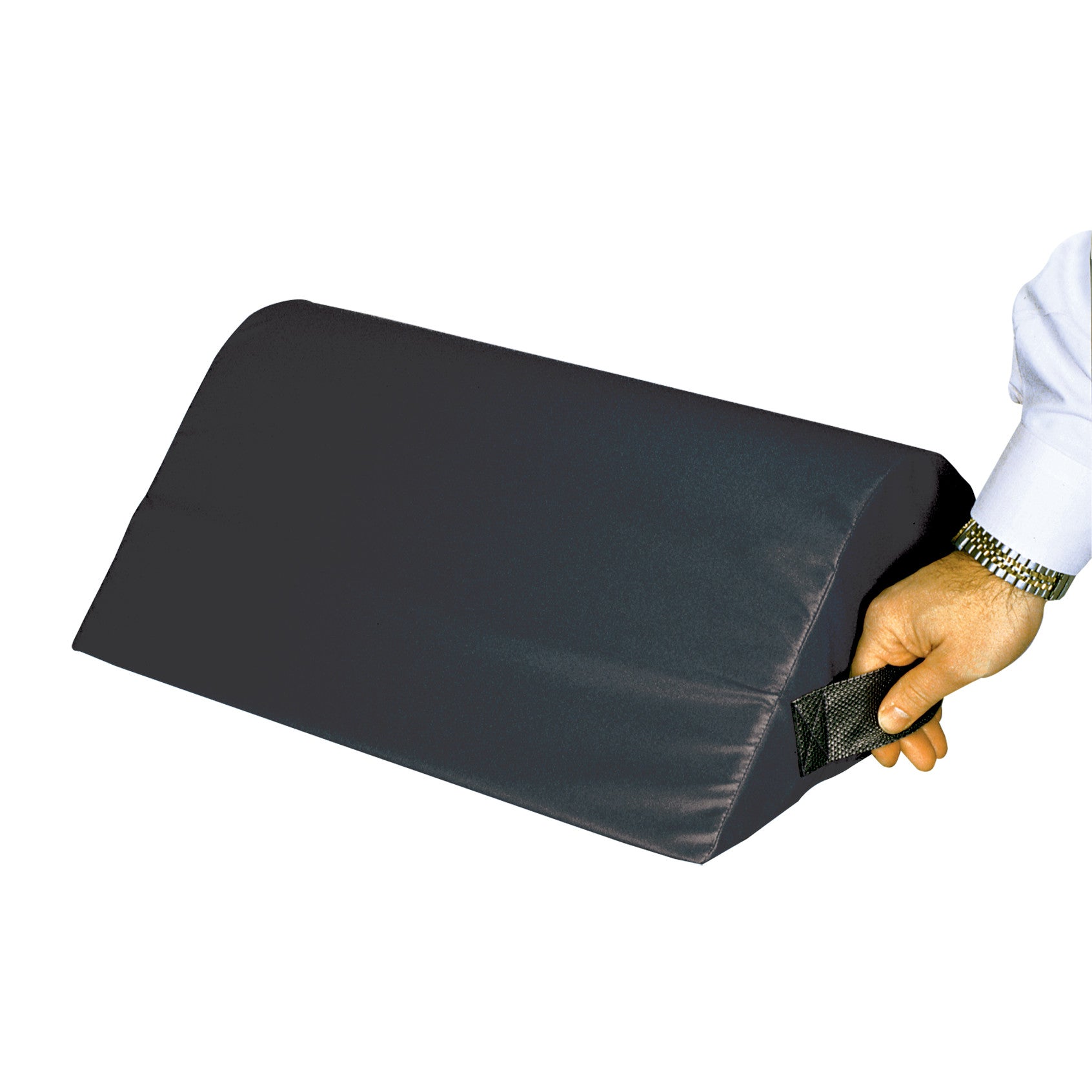 A person holds an AliMed Vinyl-Covered Standard Knee Bolster with a handle, featuring a black, sloped design for support.