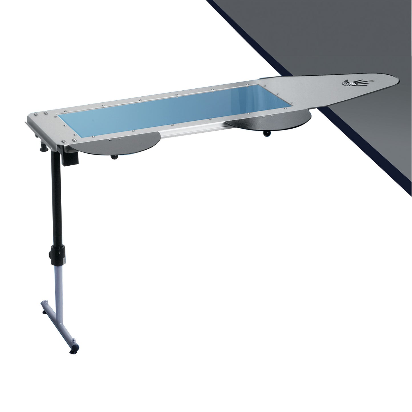 Armboard Pads for Rycor Hand Tables, featuring a rectangular blue surface with an adjustable black stand and support leg.