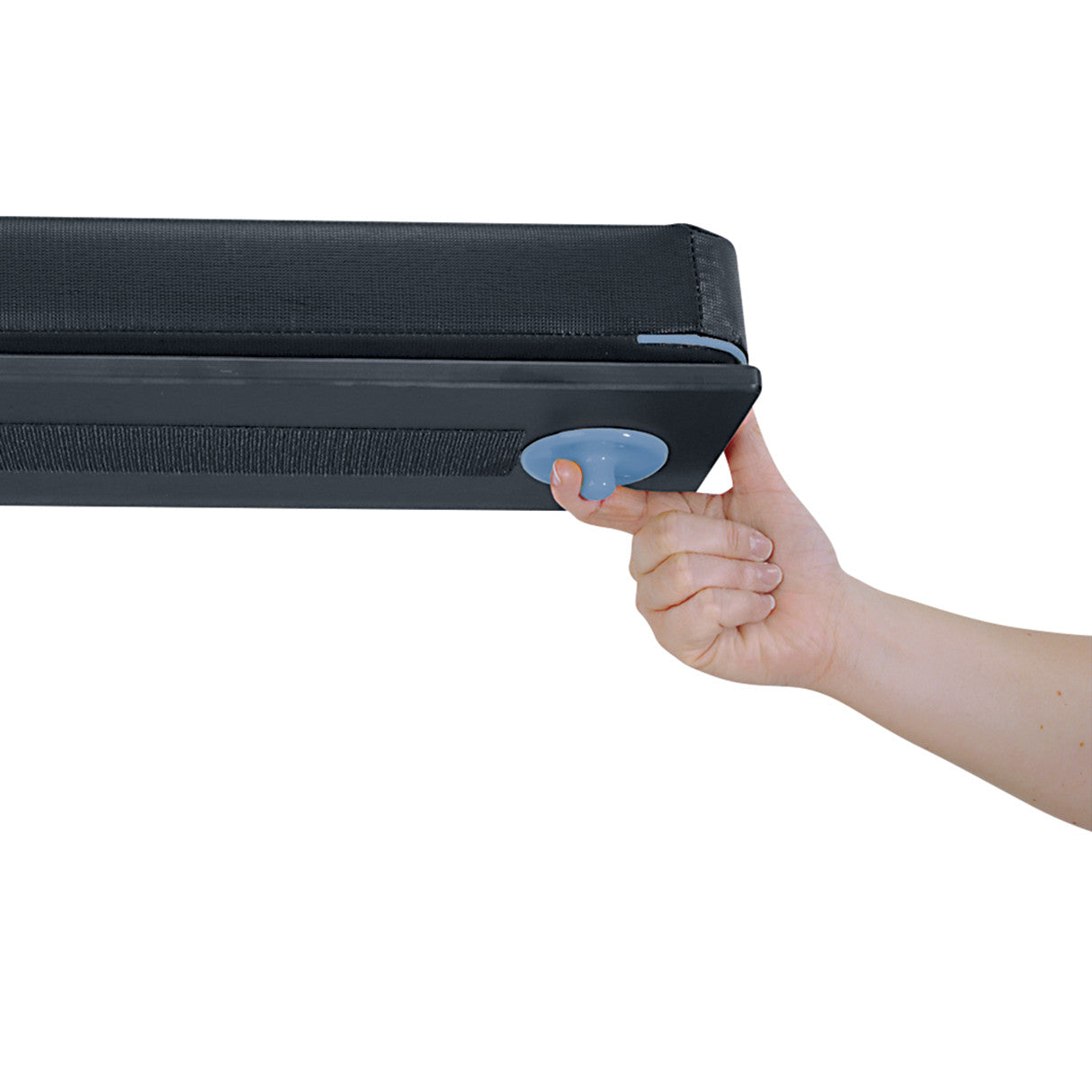 A person lifts the Allen Lift-to-Position Easy Armboard for EU Surgical Table Side Rail, showing a blue suction pad and black fabric.