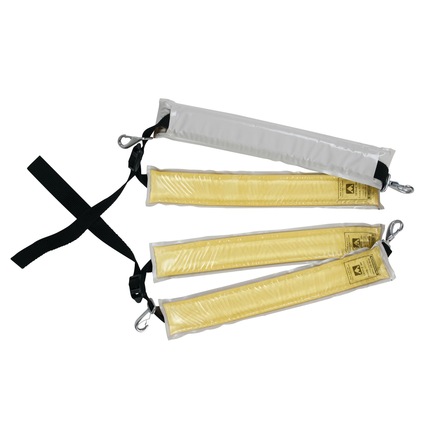AliMed AliGel Ankle Stirrup Pad with yellow cushioning and black straps is designed for ankle support, featuring metal clips for attachment.
