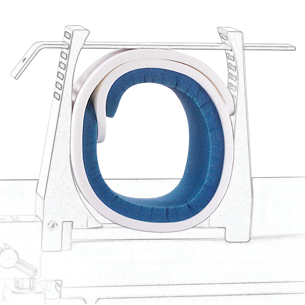 An Allen Leg Holder Pad designed for surgical leg positioning, featuring a blue padding and a metal support structure.