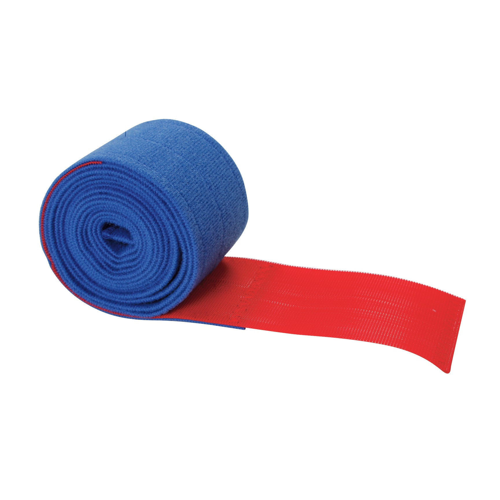 A rolled AliMed Universal Strap, One-Piece, Two Closures, Side Rail Hold, featuring blue material with a red section extended.
