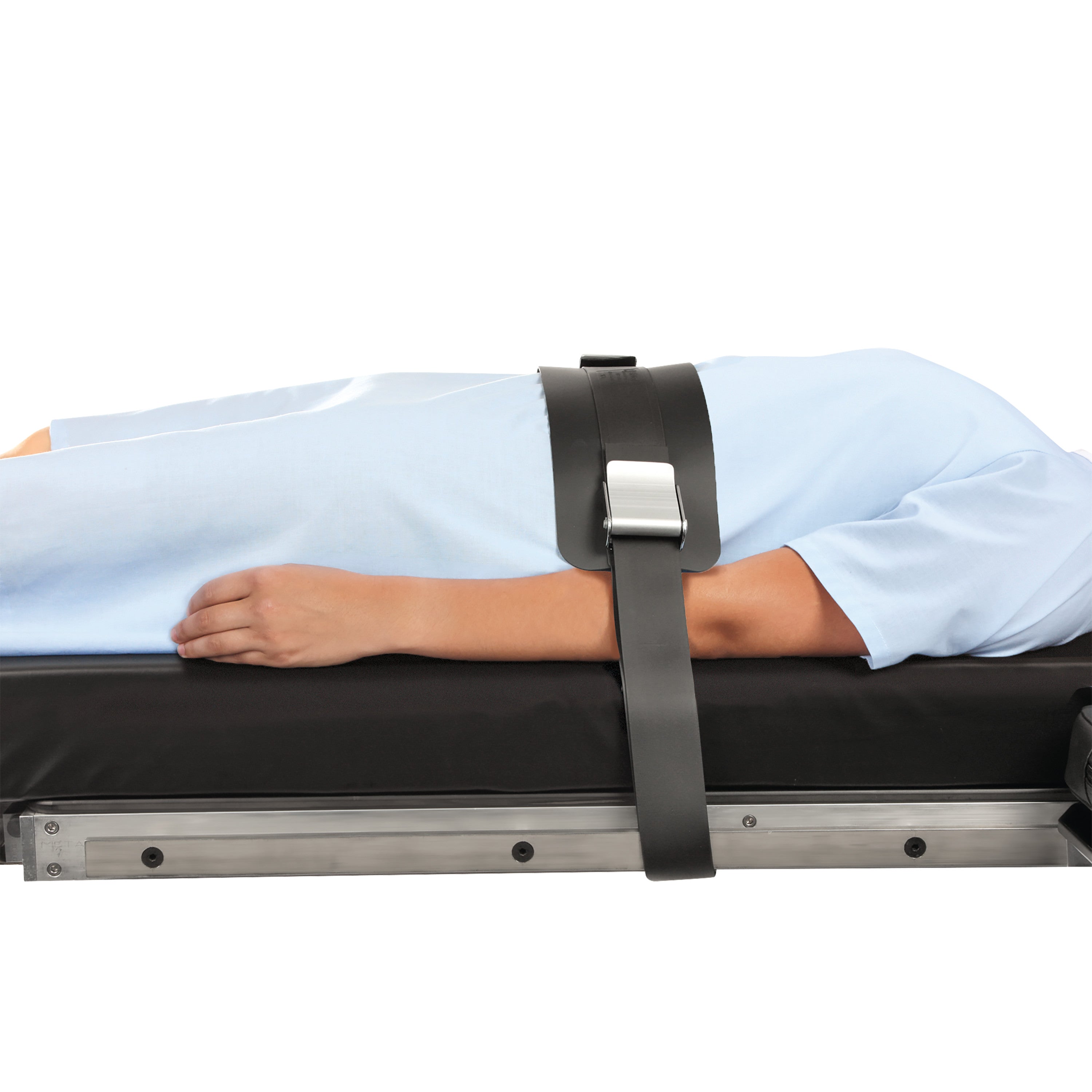 A person lies on a table, secured by the AliMed VeriClean Operating Room Table Strap with Mid-Panel, featuring a sturdy buckle.