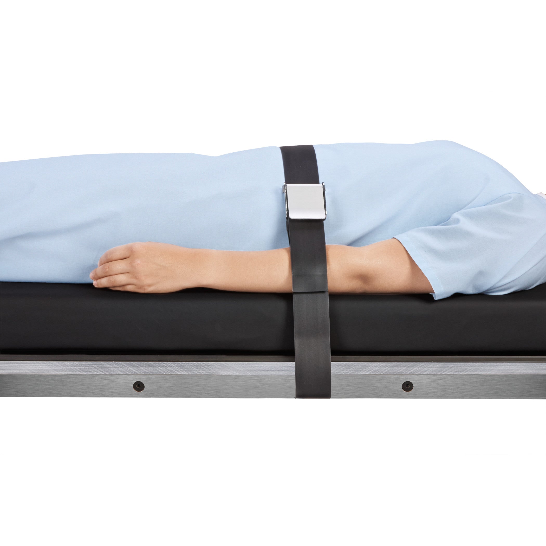 Person lying on a table with a blue gown. An AliMed VeriClean Single Operating Room Table Strap secures the individual in place.