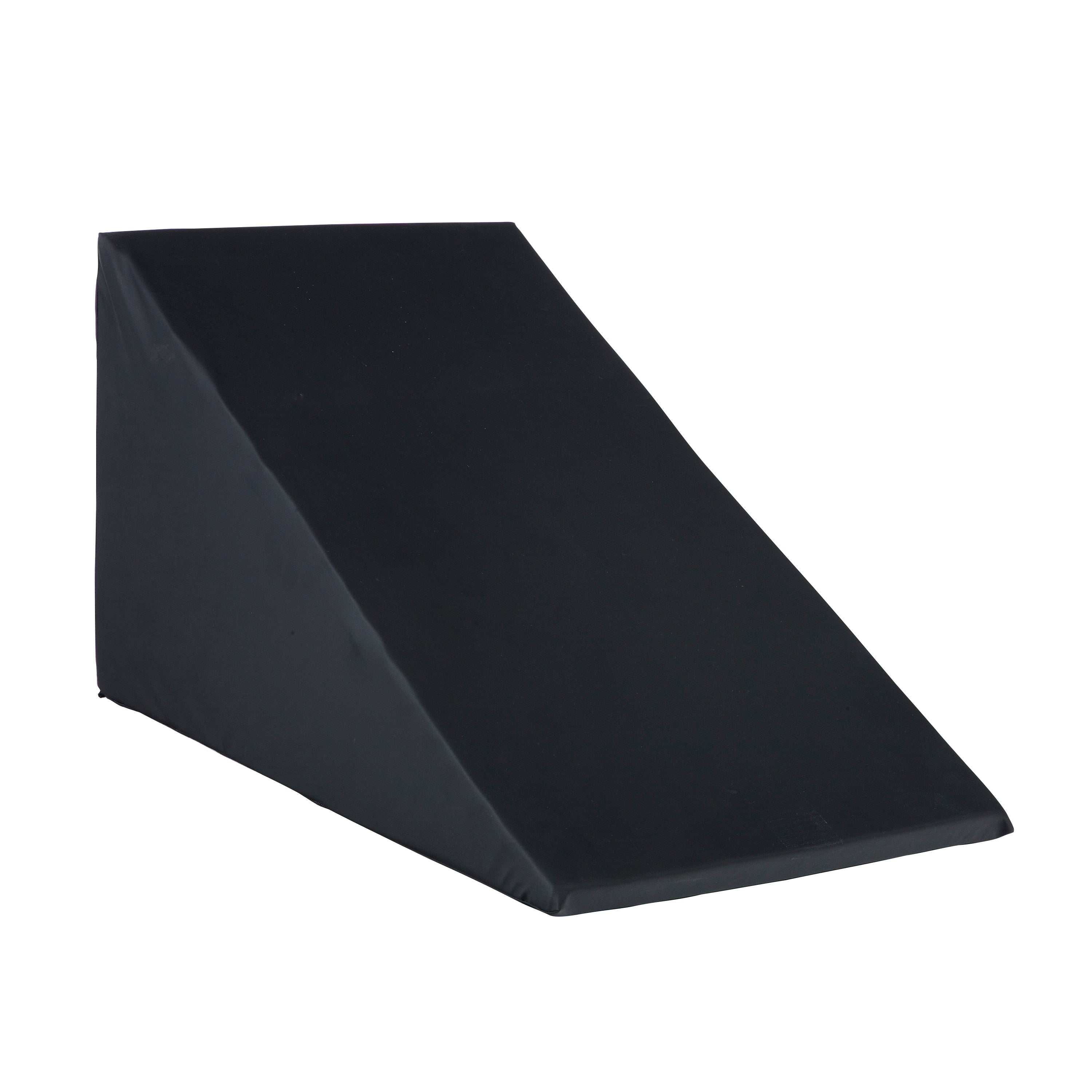 The AliMed Cardiac Foam Wedge, covered in black material, has a triangular shape for elevating the torso.