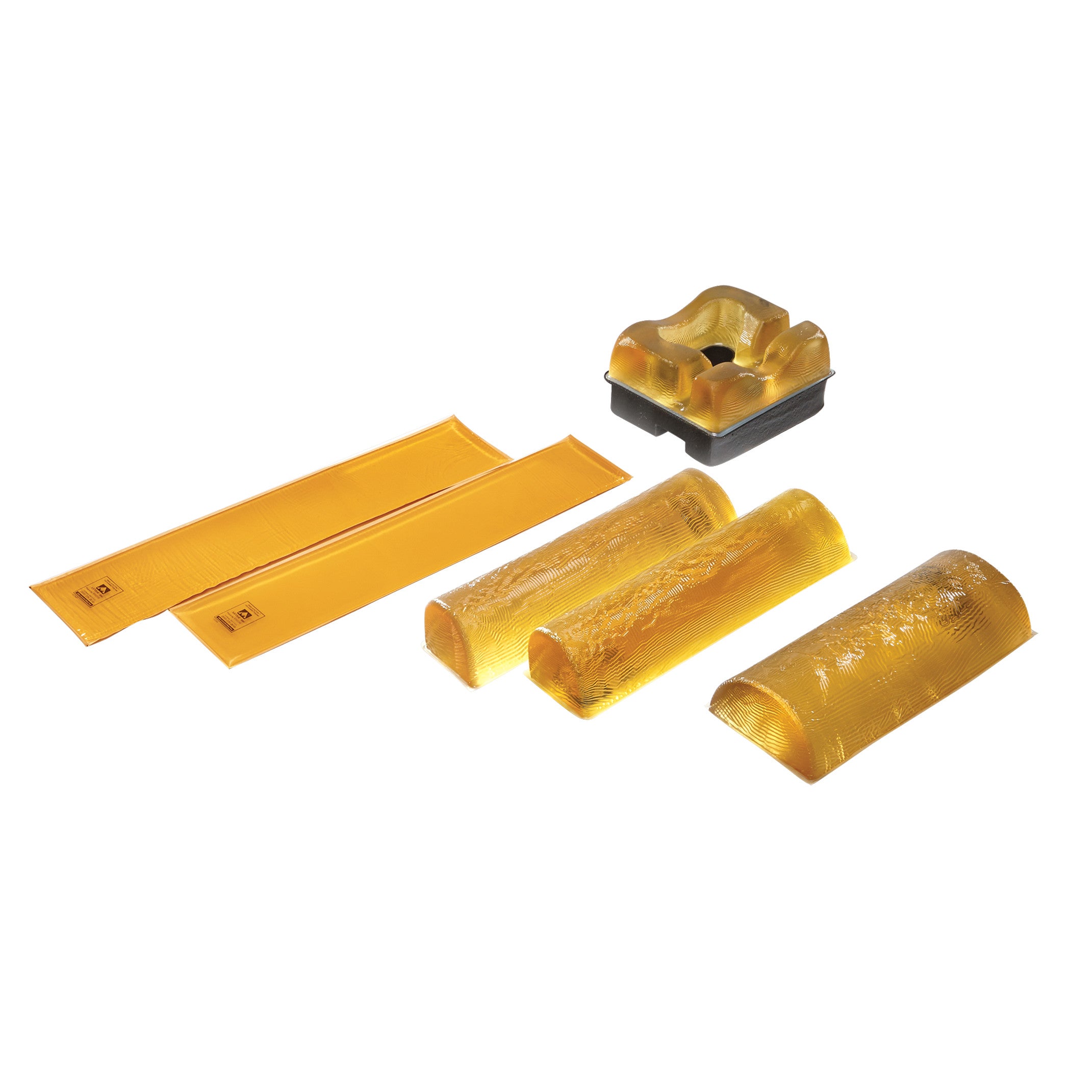 AliMed AliGel Prone Positioning Set includes yellow gel supports in various shapes, designed to provide comfort and stability.