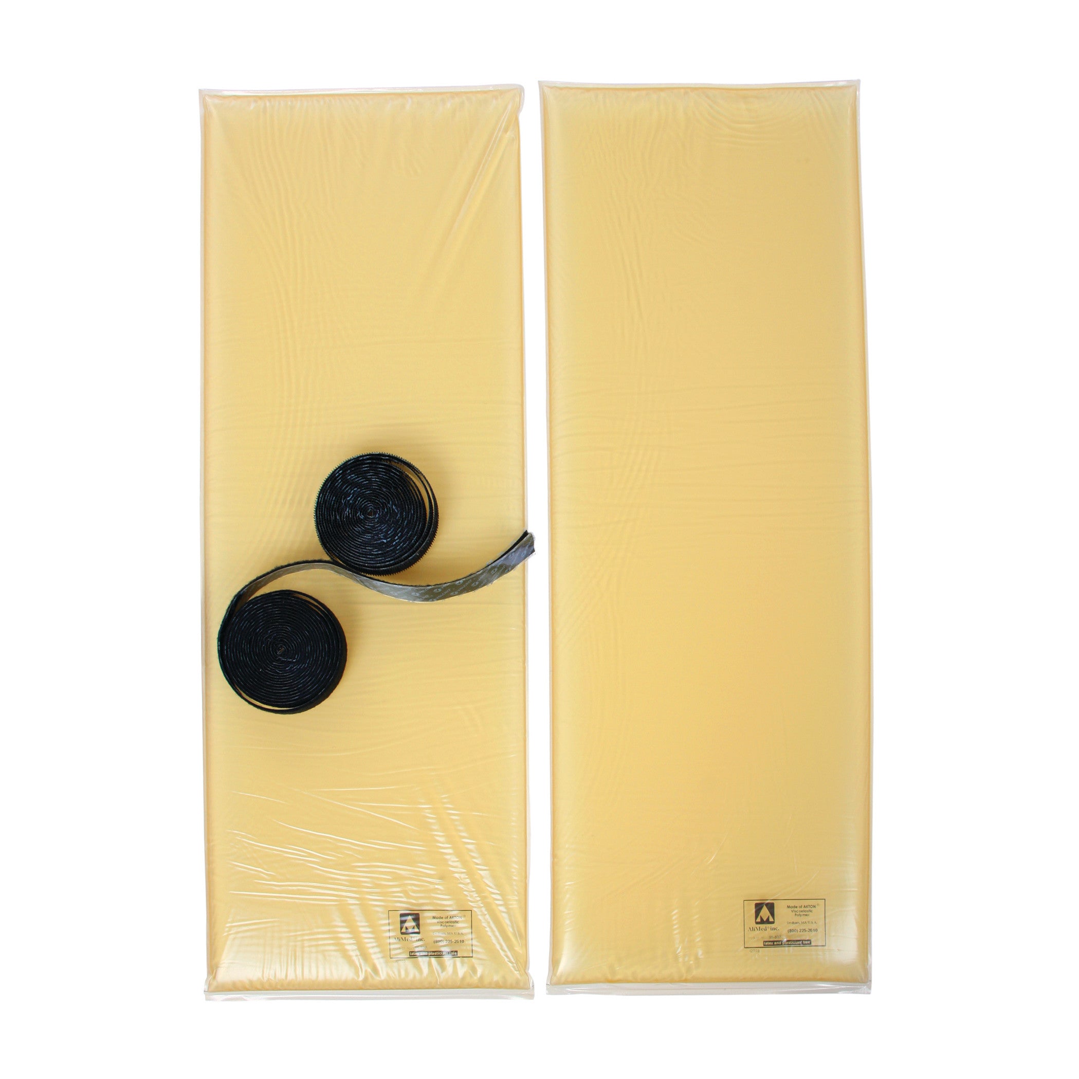 The image features the AliMed AliGel Wilson Pad Set, consisting of two yellow pads and a rolled-up strap for medical use.
