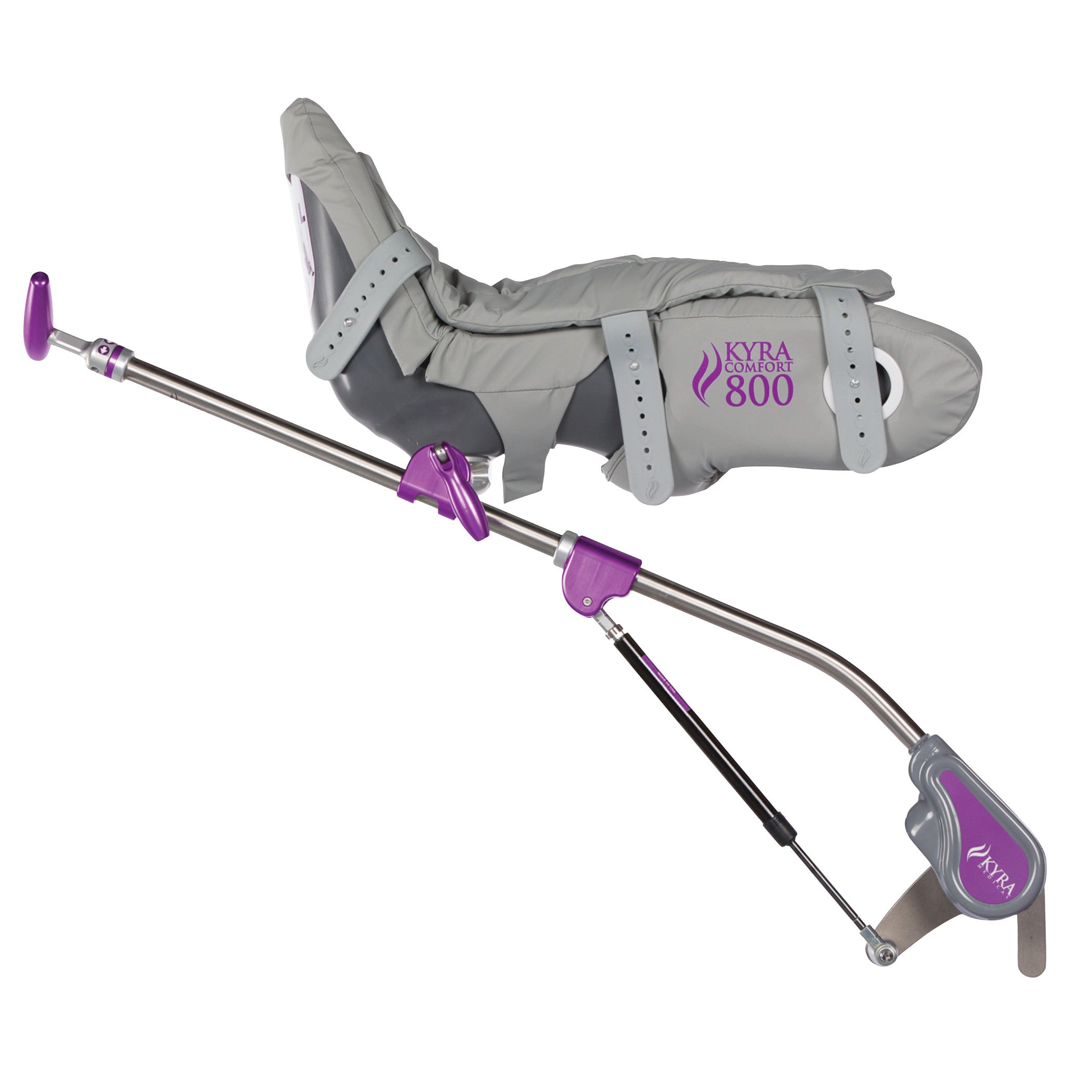 The KYRA Comfort 800 Lithotomy Stirrup features a gray padded leg support with adjustable straps and a purple-accented metal arm.