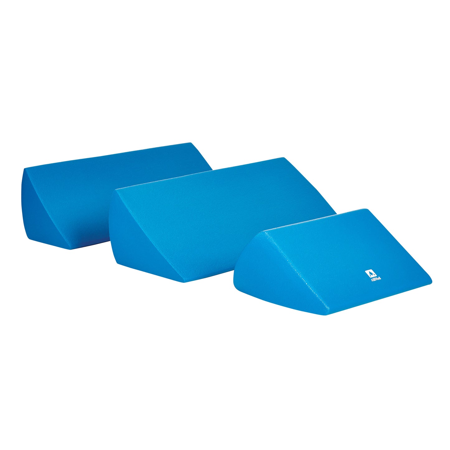 Three blue AliMed InvisiCoat Plus 35/55 Degree Wedges are displayed, each with a triangular shape and different sizes.