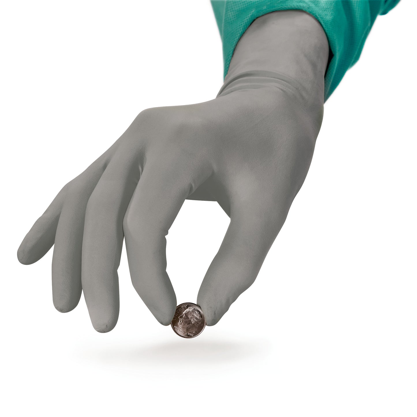 A hand wearing AliMed AliGuard Radiation Attenuation Gloves holds a small coin between the thumb and forefinger.