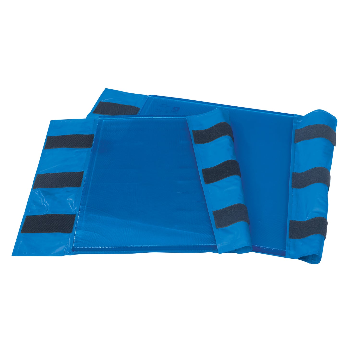 An AliMed AliBlue Gel Axillary Roll Cover, made of blue fabric with black straps for securing.