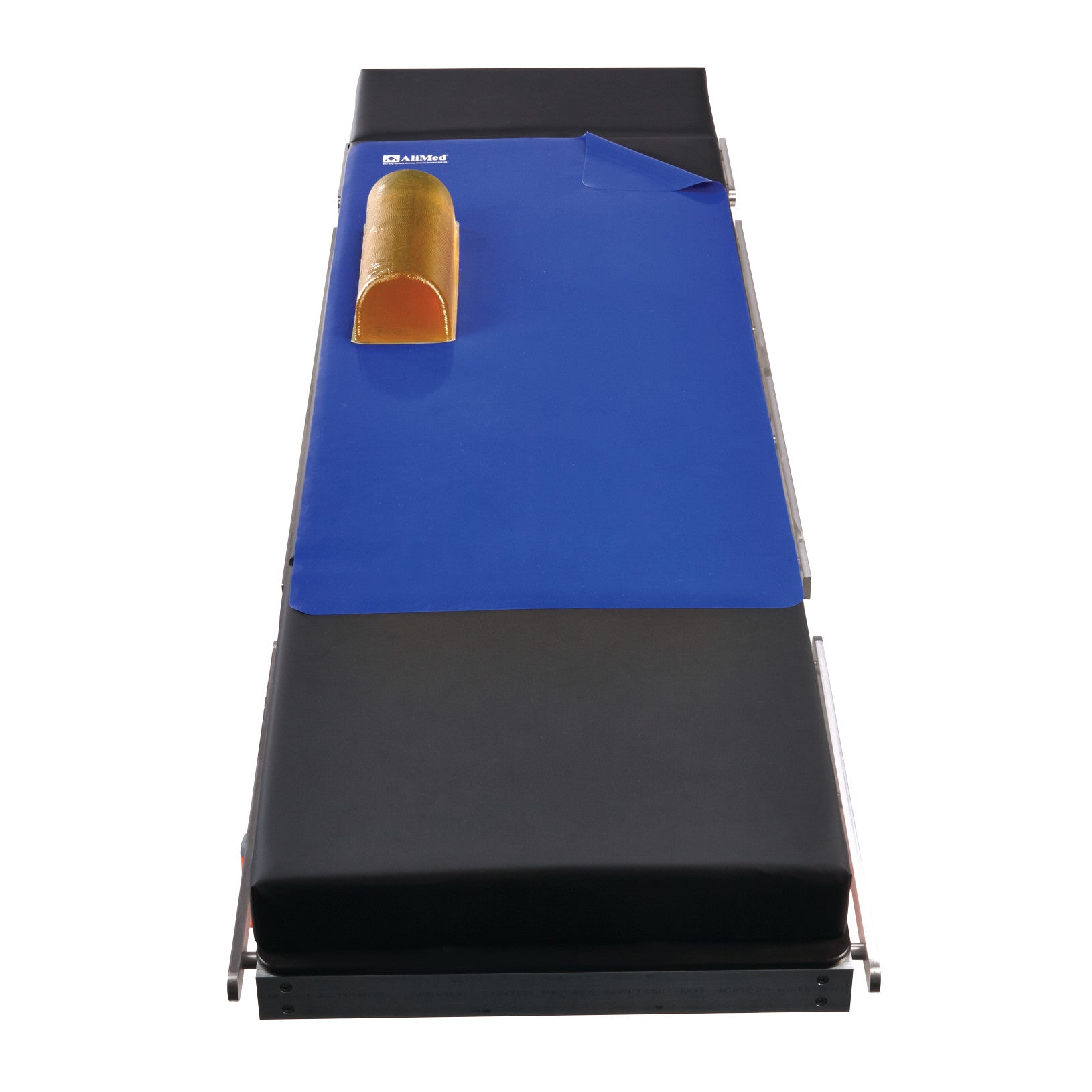 The AliMed Nonslip Surface Overlay is shown on a black mattress, with a blue surface and a small ramp-like cushion.