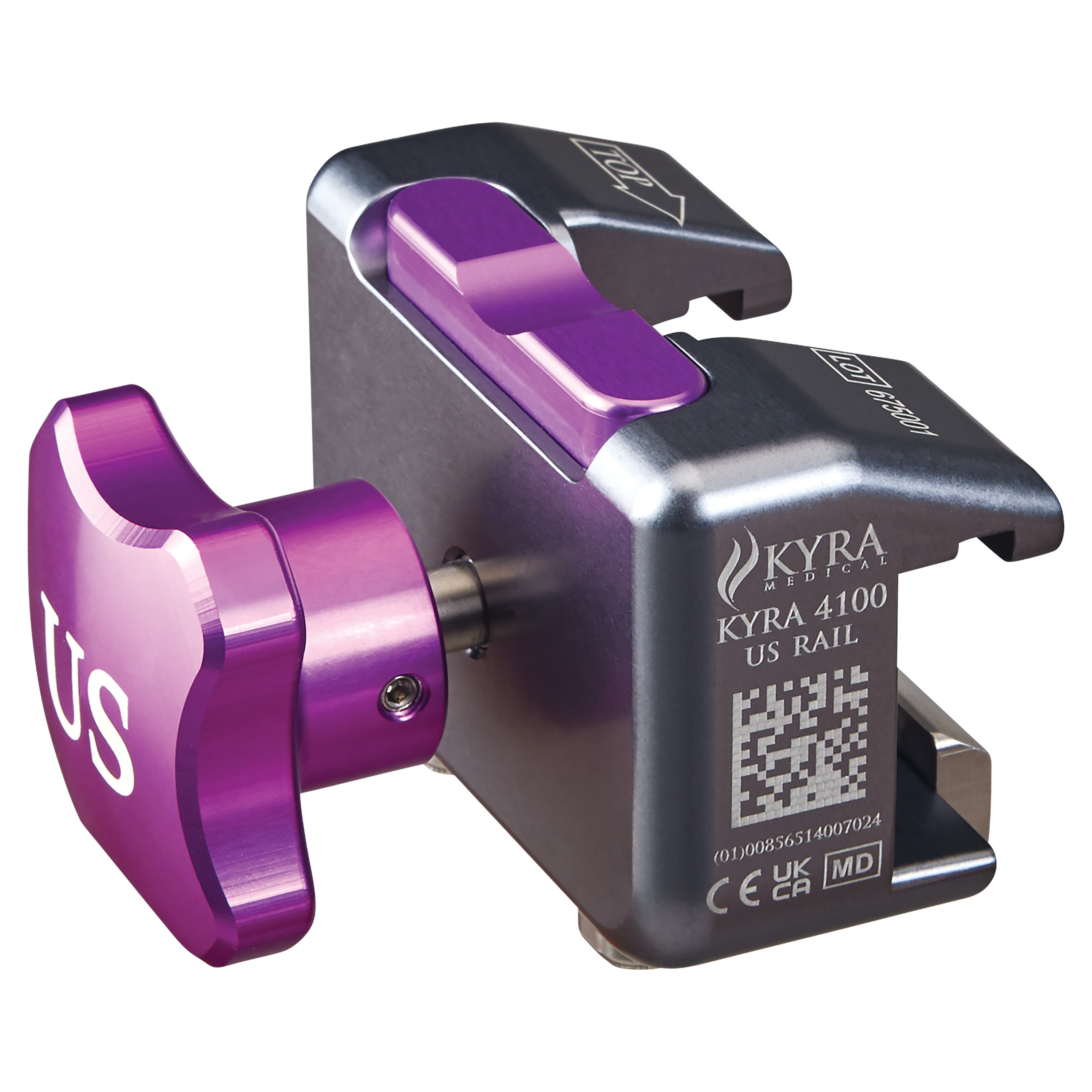 A KYRA Secure-Release Clamp for Standard U.S. Surgical Table Side Rail, featuring a metallic body with purple components.