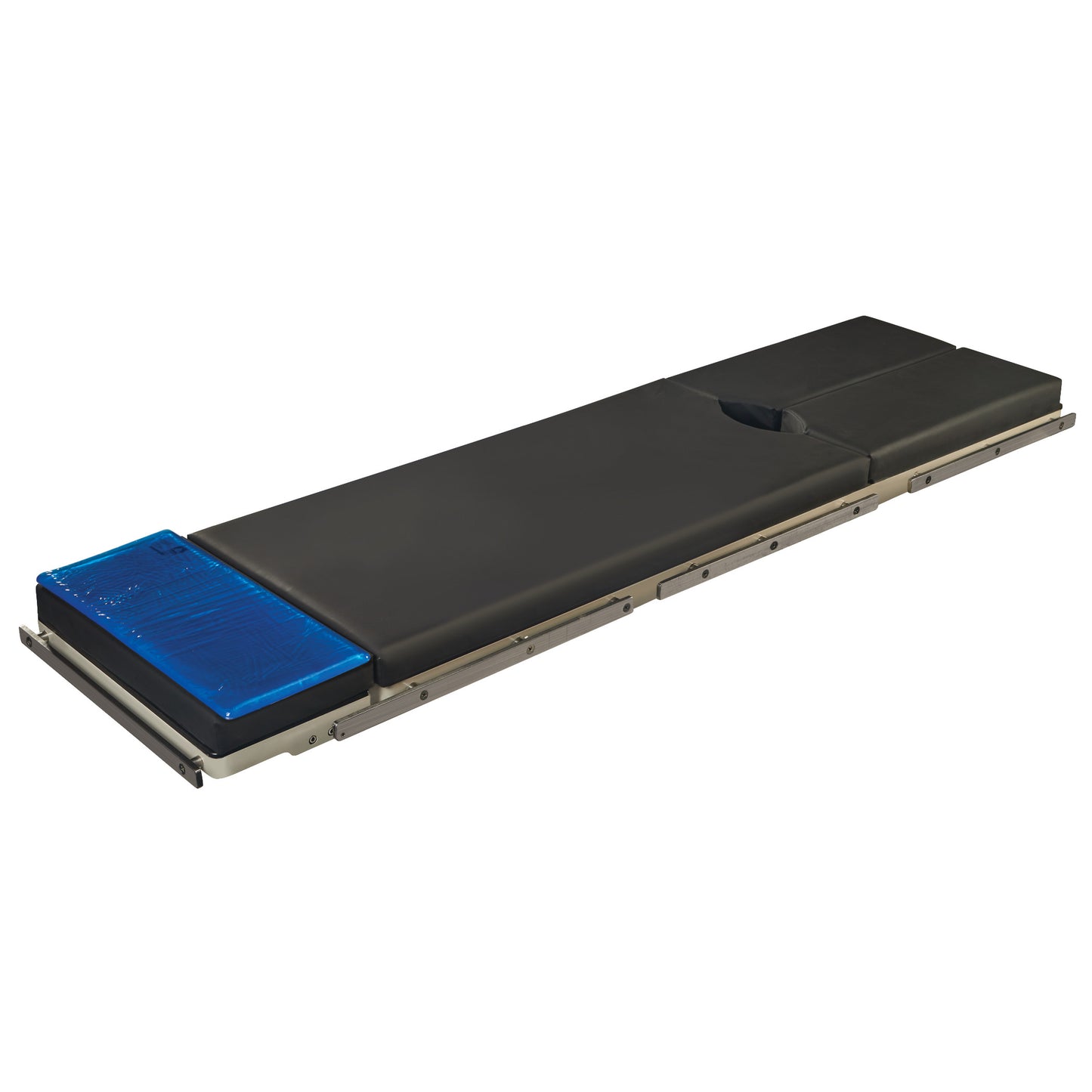 A black surface overlay with a blue gel head section, named AliMed AliBlue Gel Head Section Surface Overlay, displayed on a table.