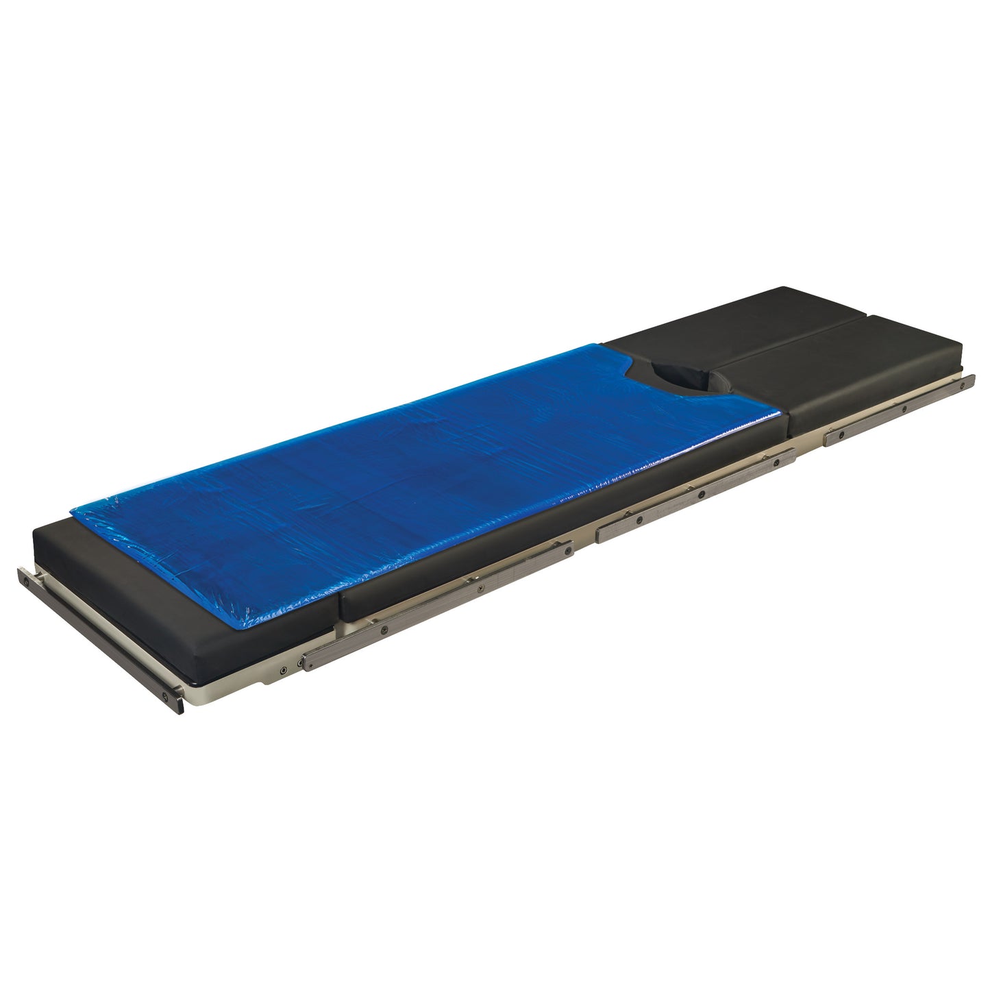 AliMed AliBlue Gel Surface Overlay with Cutout on a long, black medical stretcher or table, featuring a vibrant blue surface.