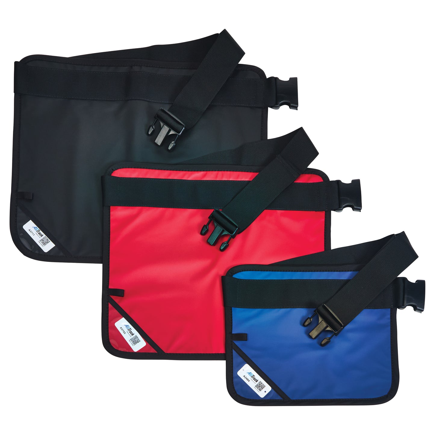 Three AliMed Mini Aprons in black, red, and blue, each with adjustable black straps and buckles, are displayed overlapping.