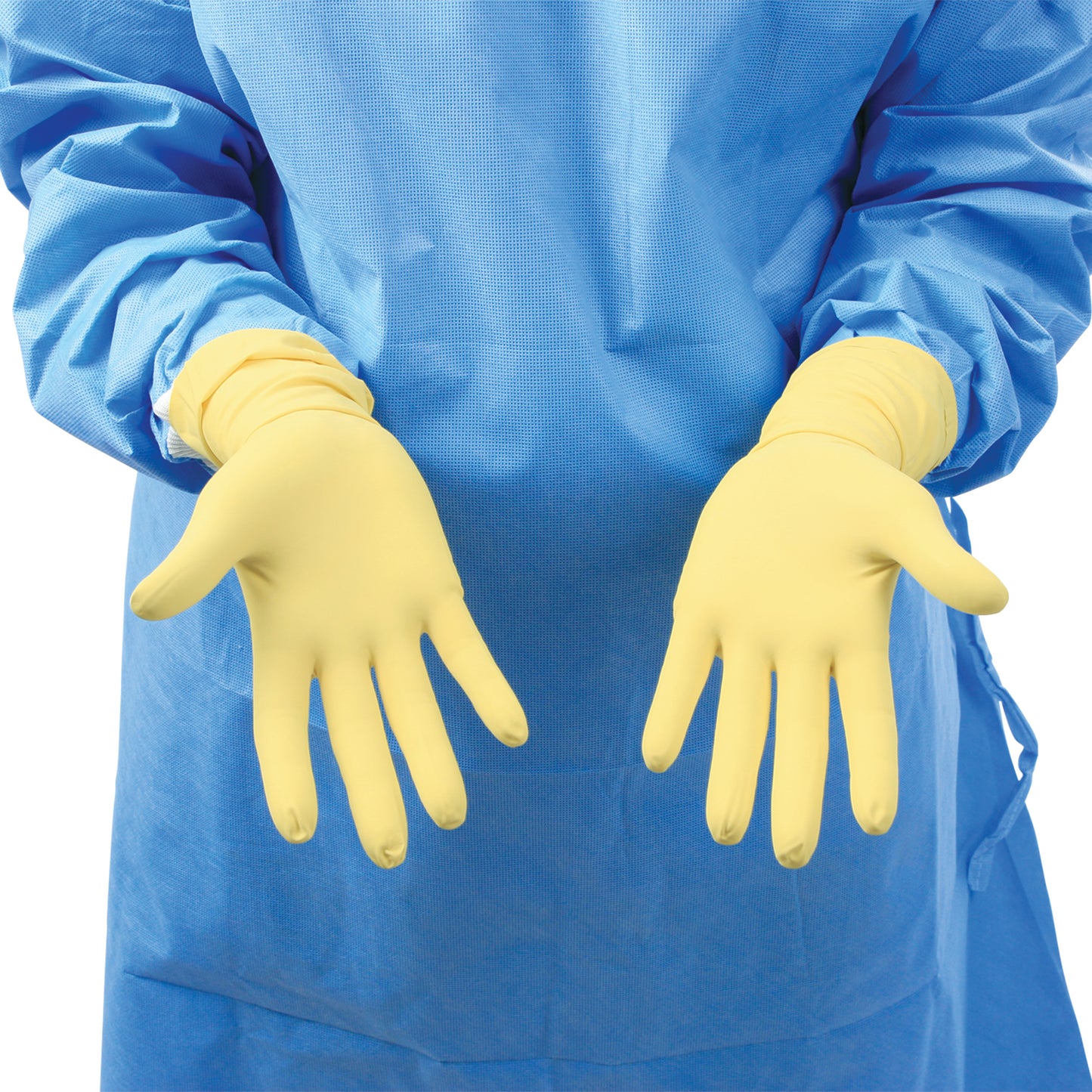 Person wearing AliMed Original Radiation Attenuation Gloves in yellow, paired with a blue medical gown.
