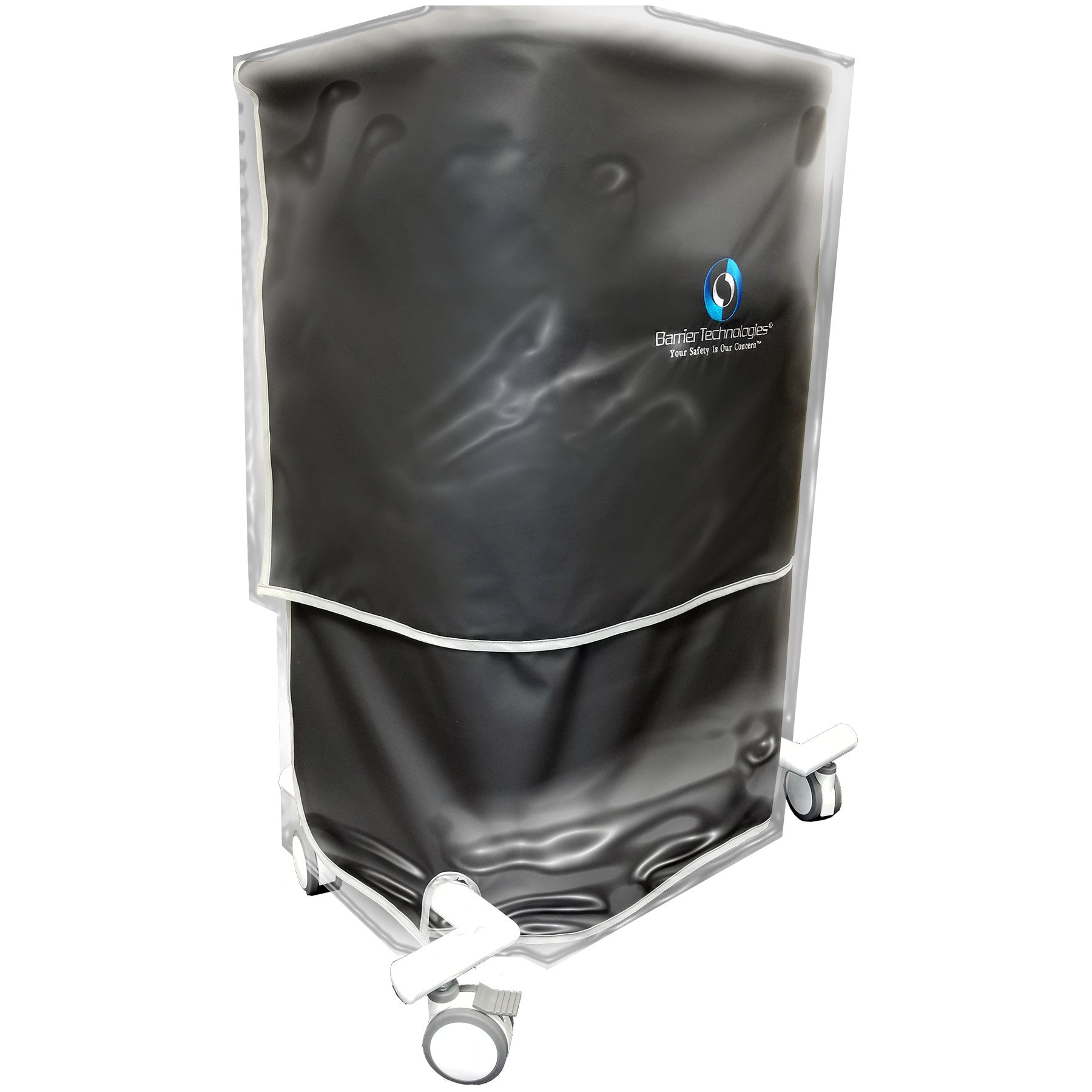 Sterile Drape for Barrier Technologies Terminator XR Mobile Shield, featuring a black cover with white edges and mounted on wheels.