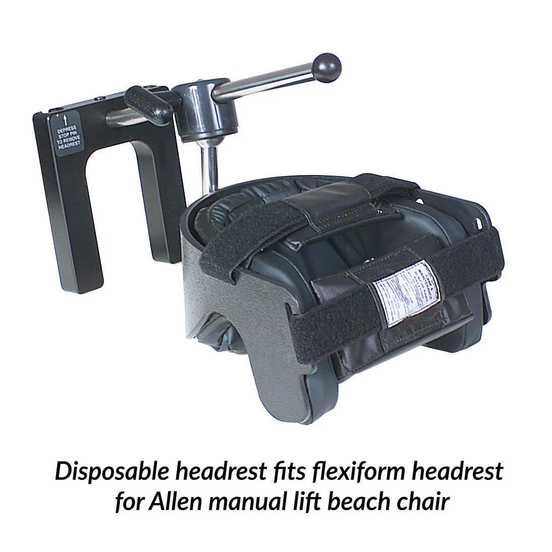 Replacement FlexiForm Headrest for Allen Manual Lift Beach Chair. It features adjustable straps and a metal clamp mechanism.