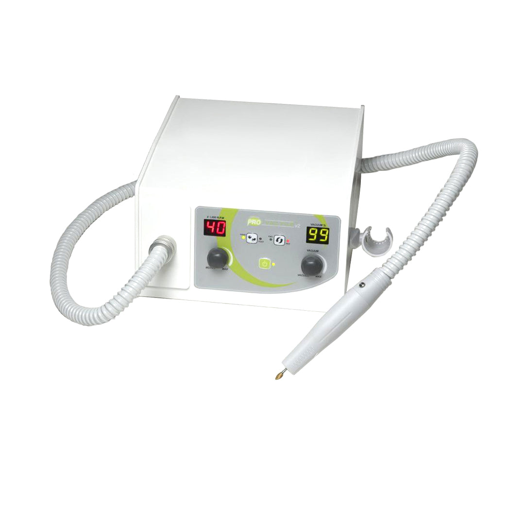 The Pro Vac File Debriding Drill with Vacuum is a white, box-shaped device featuring control knobs, a digital display, and a coiled hose.