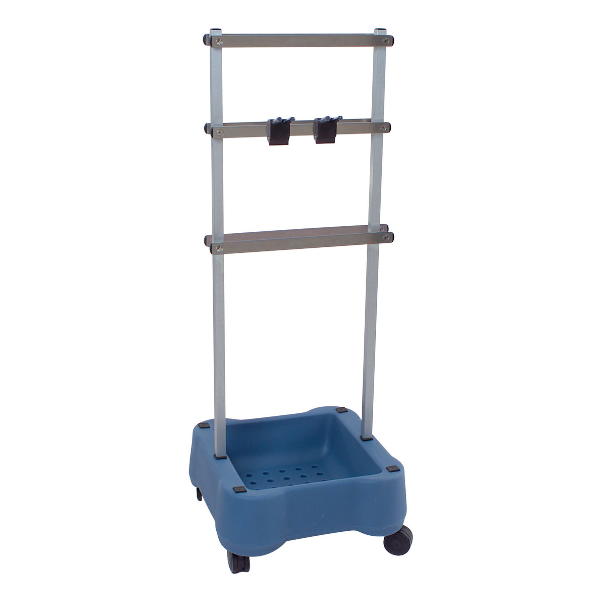 The Allen Accessory Cart is a blue rolling cart with a sturdy frame, two adjustable bars, and a base with holes for drainage.