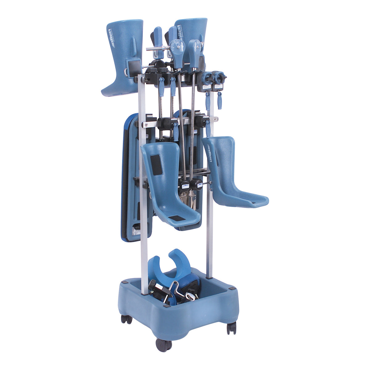 The Allen Accessory Cart is a blue medical equipment holder with multiple attachments and wheels for easy mobility.