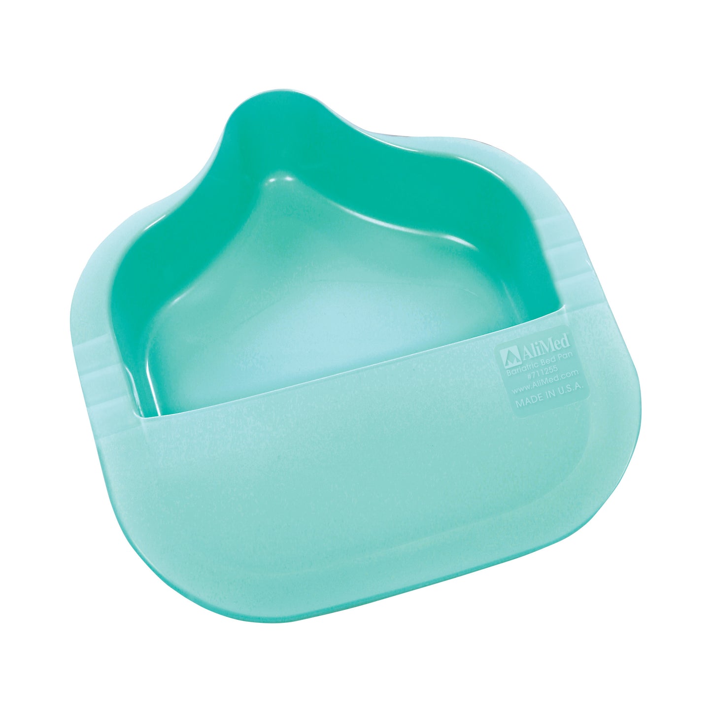 Teal AliMed Bariatric Bed Pan with Anti-Splash features a contoured design and is marked with product details on the surface.