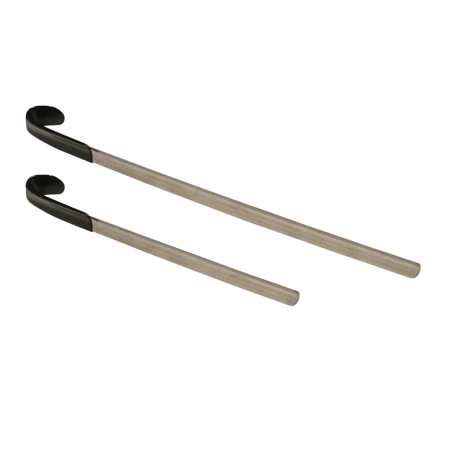 Two Therafin Stainless Steel Shoehorns with black plastic handles, designed for assisting in putting on shoes.