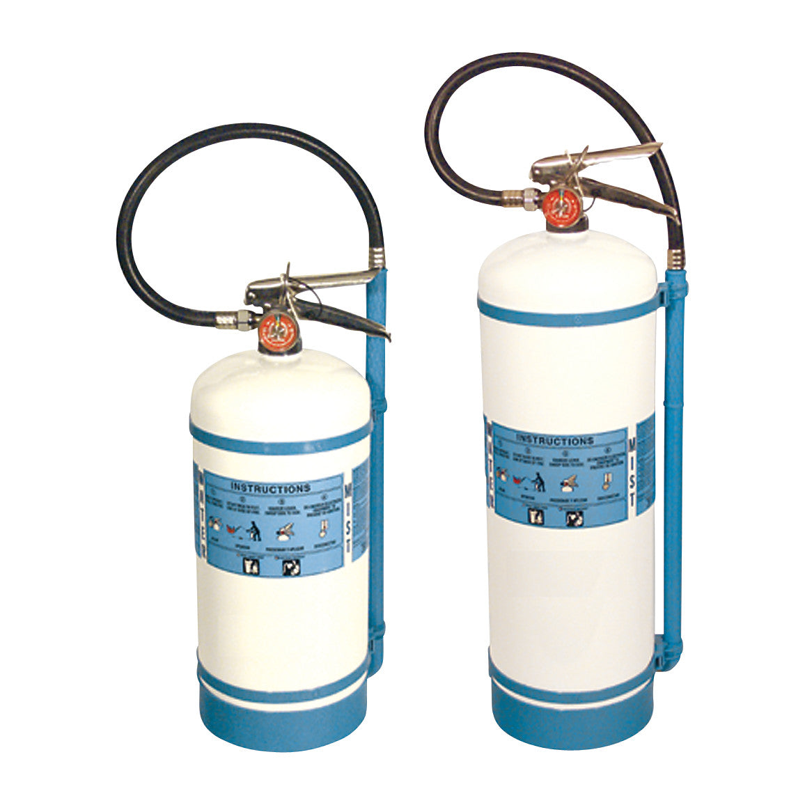 Two MRI-Certified Fire Extinguishers (H2O) with blue labels and nozzles, featuring instructions on the sides.