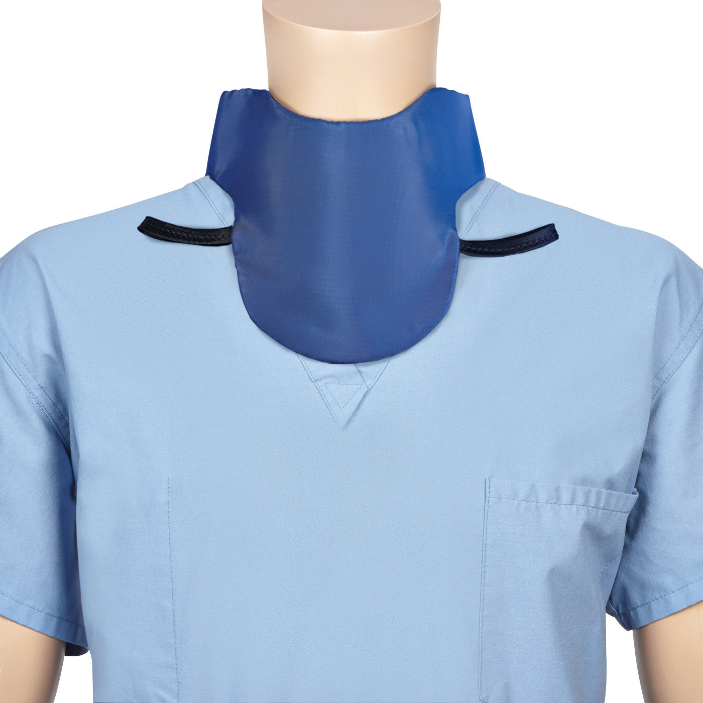 A mannequin wearing a blue Wolf Sof-T Thyroid Collar, Lightweight Lead, over a light blue scrub top.