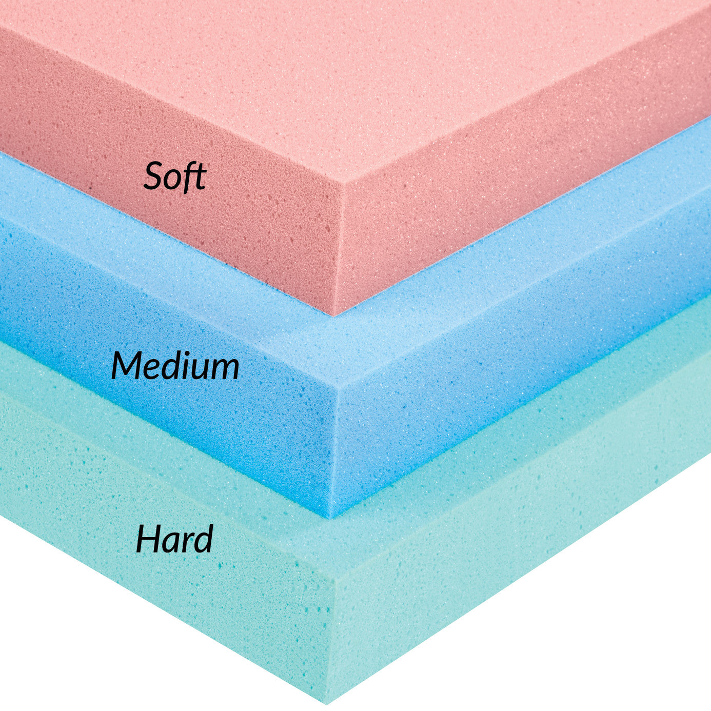 Three layers of AliMed Basic T-Foam Wheelchair Cushion in pink (soft), blue (medium), and teal (hard) are stacked.