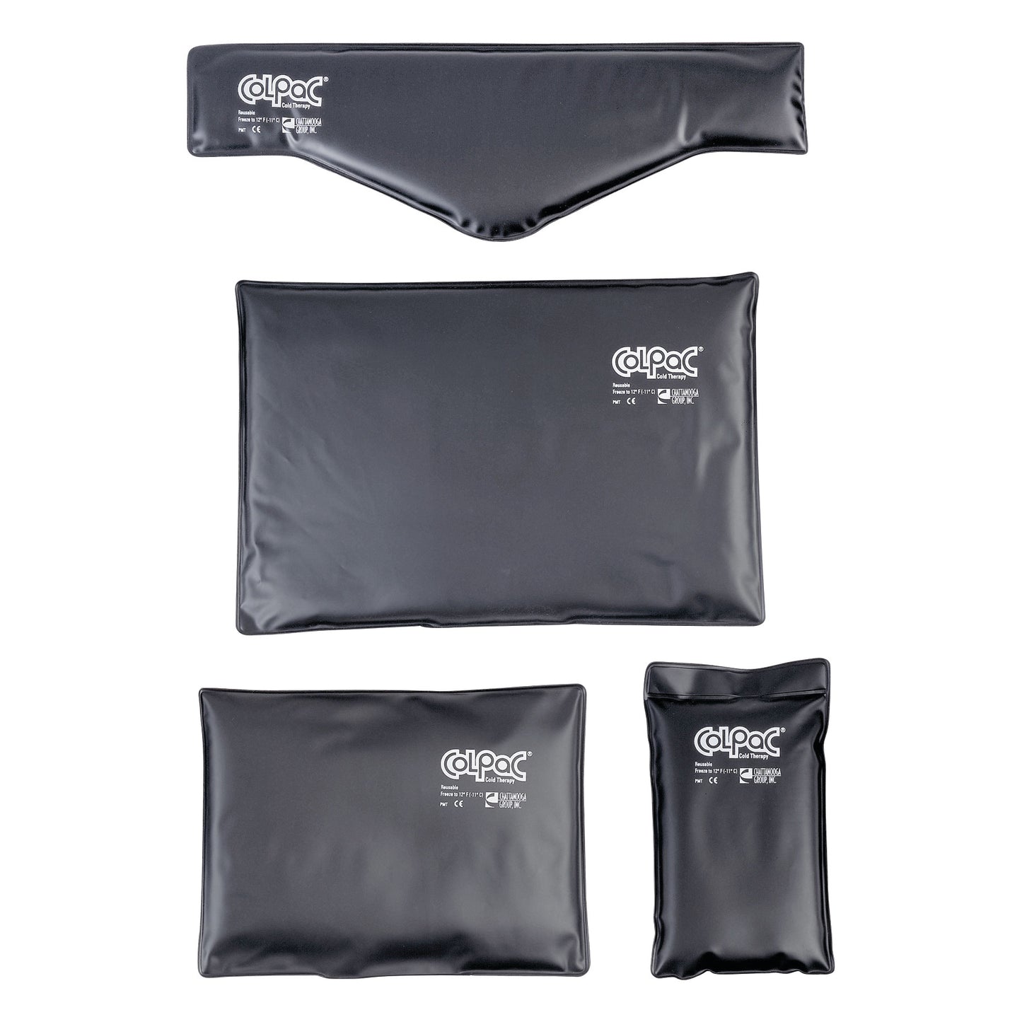 Four Chattanooga Hydrocollator ColPaC cold packs are shown in different shapes and sizes, each with a black exterior.