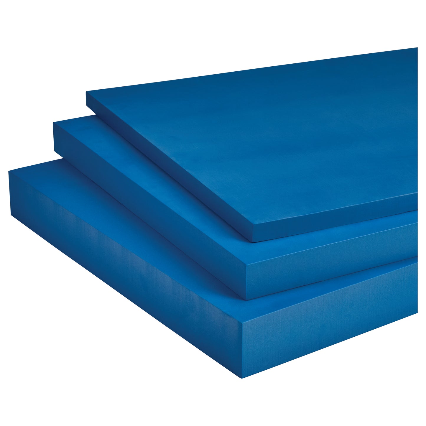Three stacked blue sheets of AliMed Super Constructa Foam, shown in increasing thickness from top to bottom.