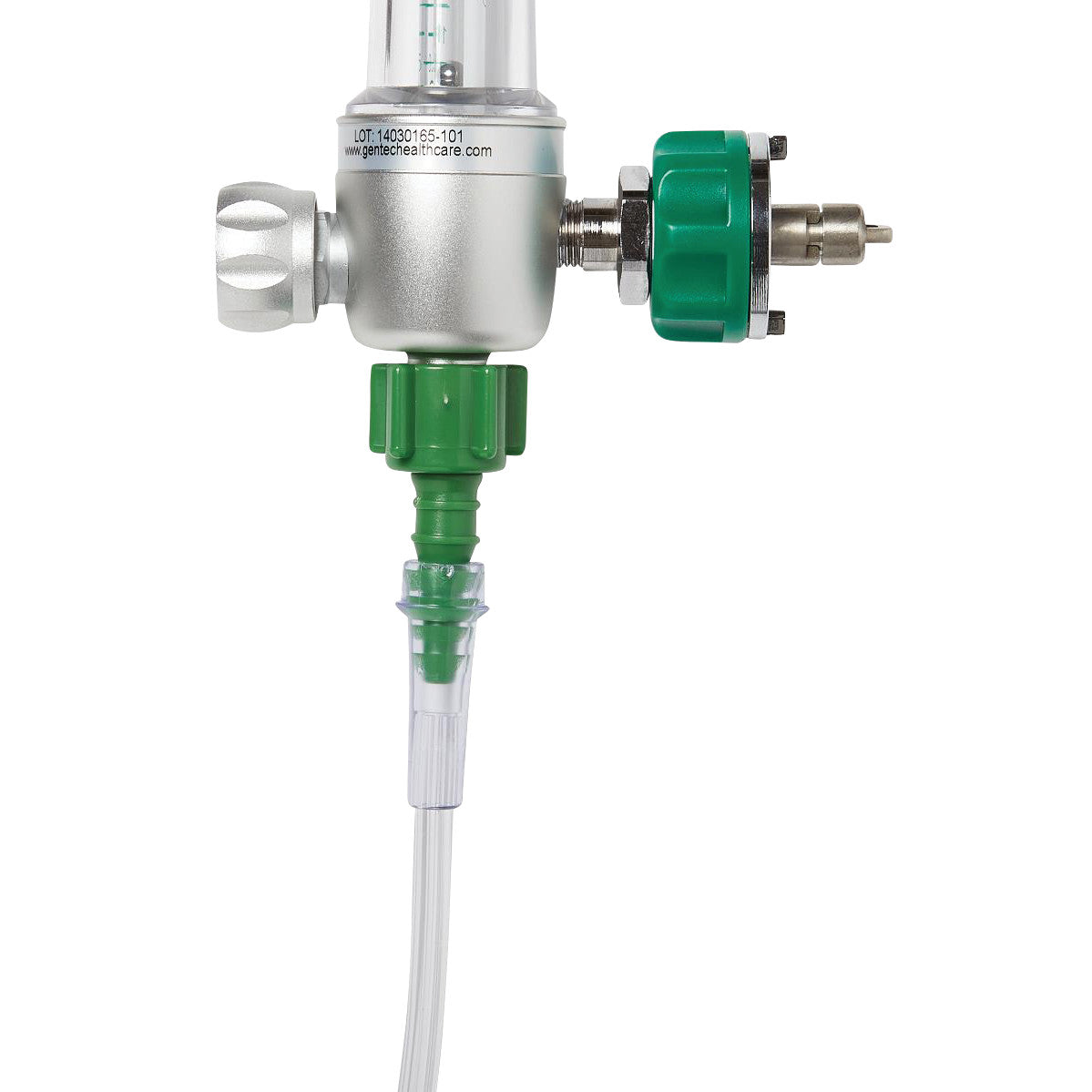 A close-up of an oxygen regulator with attached green oxygen tubing.