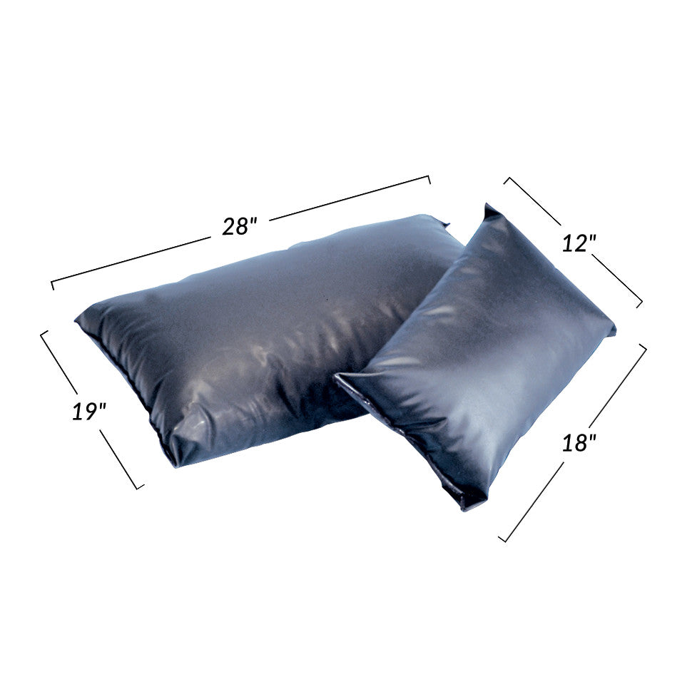 Two AliMed Conductive-Covered Pillows in black vinyl. One measures 28"x19" and the other 18"x12".