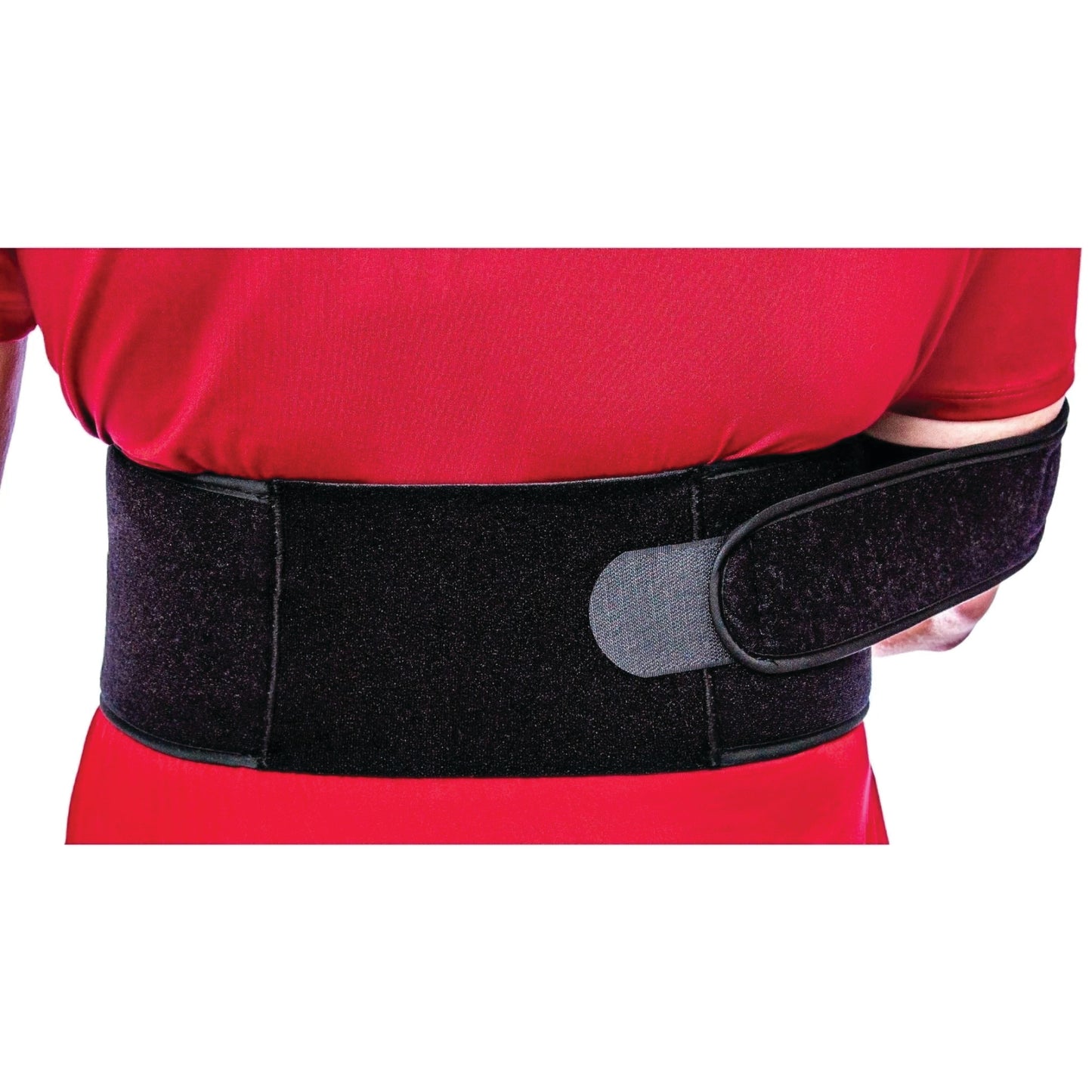 A person wears an Elastic Torso Belt Shoulder Immobilizer over a red shirt. The black belt has adjustable straps.