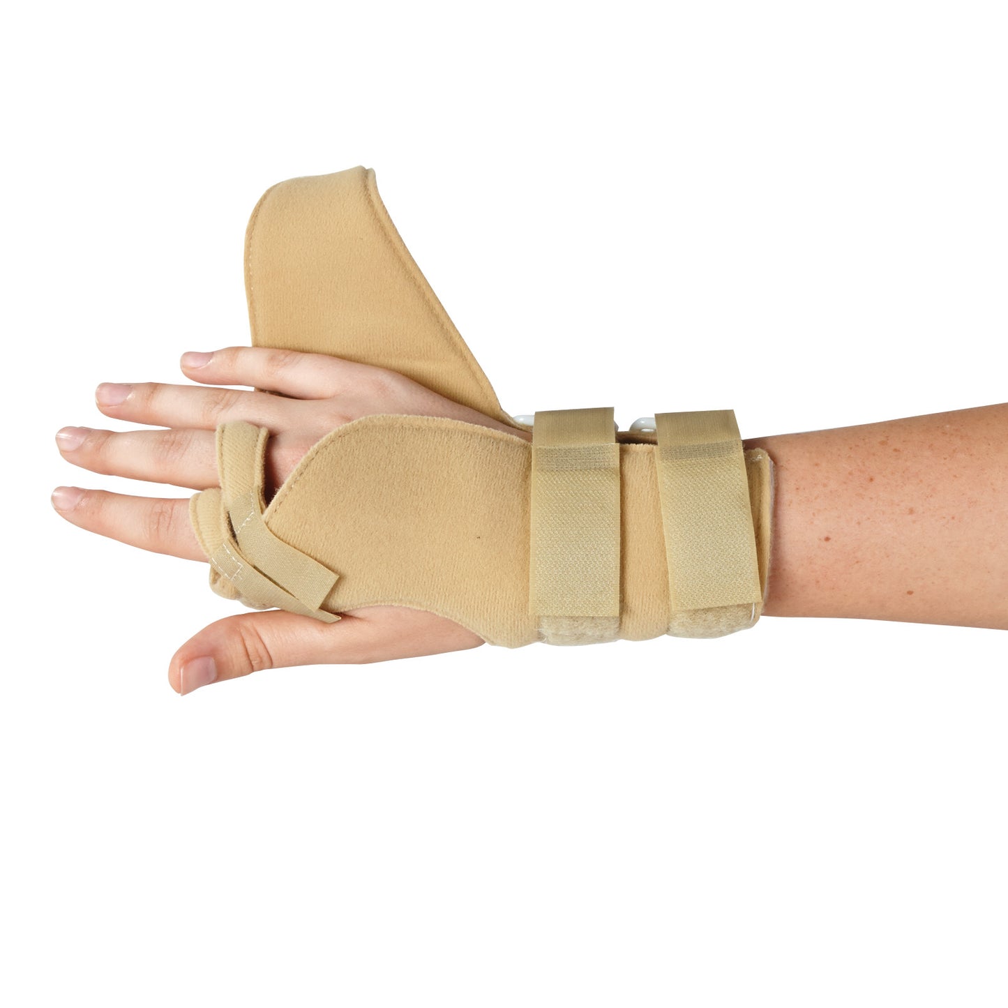 A hand wears an AliMed FREEDOM Arthritis Support brace, featuring beige fabric with straps and finger openings for stability.