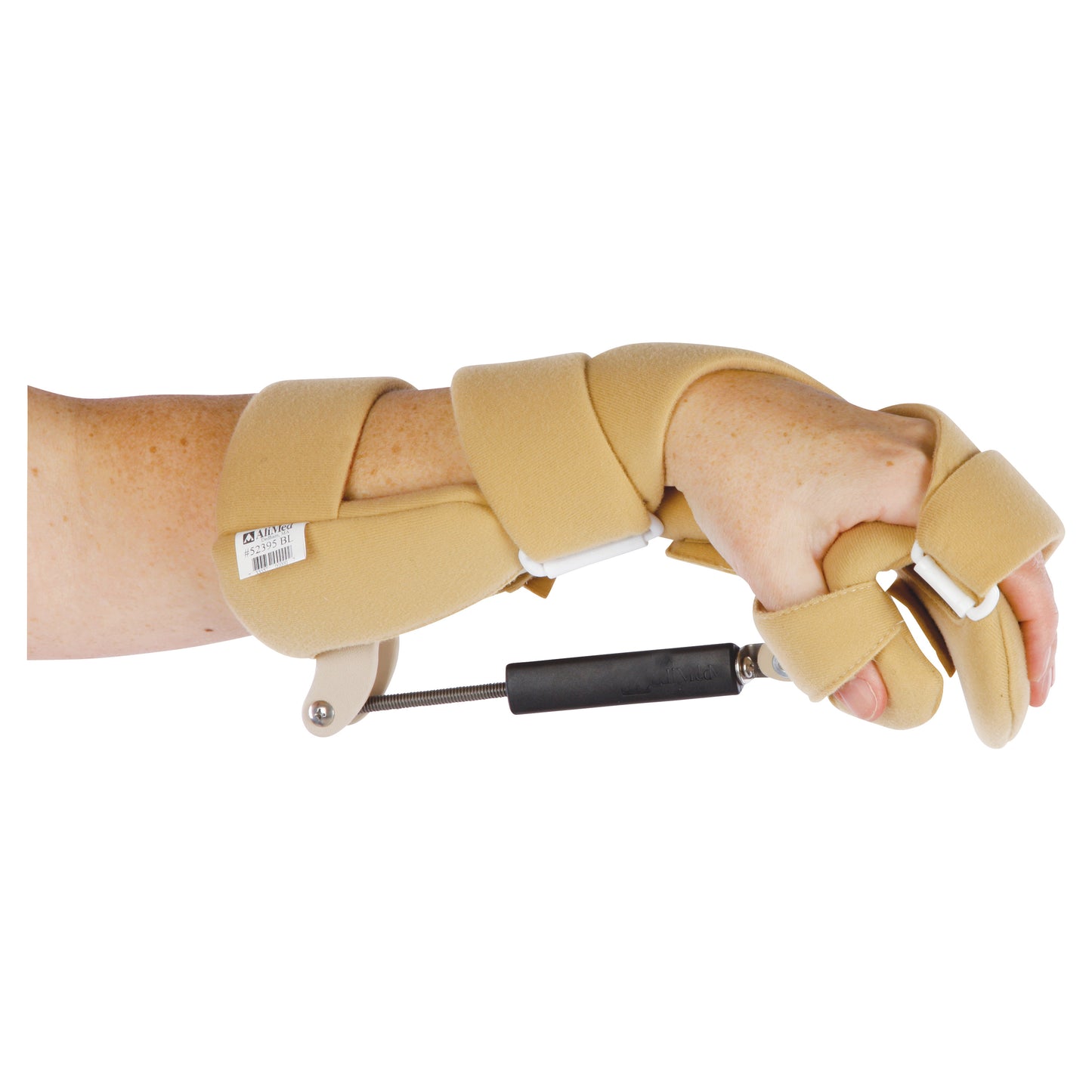 A hand wearing an AliMed Turnbuckle Functional Position Hand Splint, featuring beige padding and an adjustable metal turnbuckle.