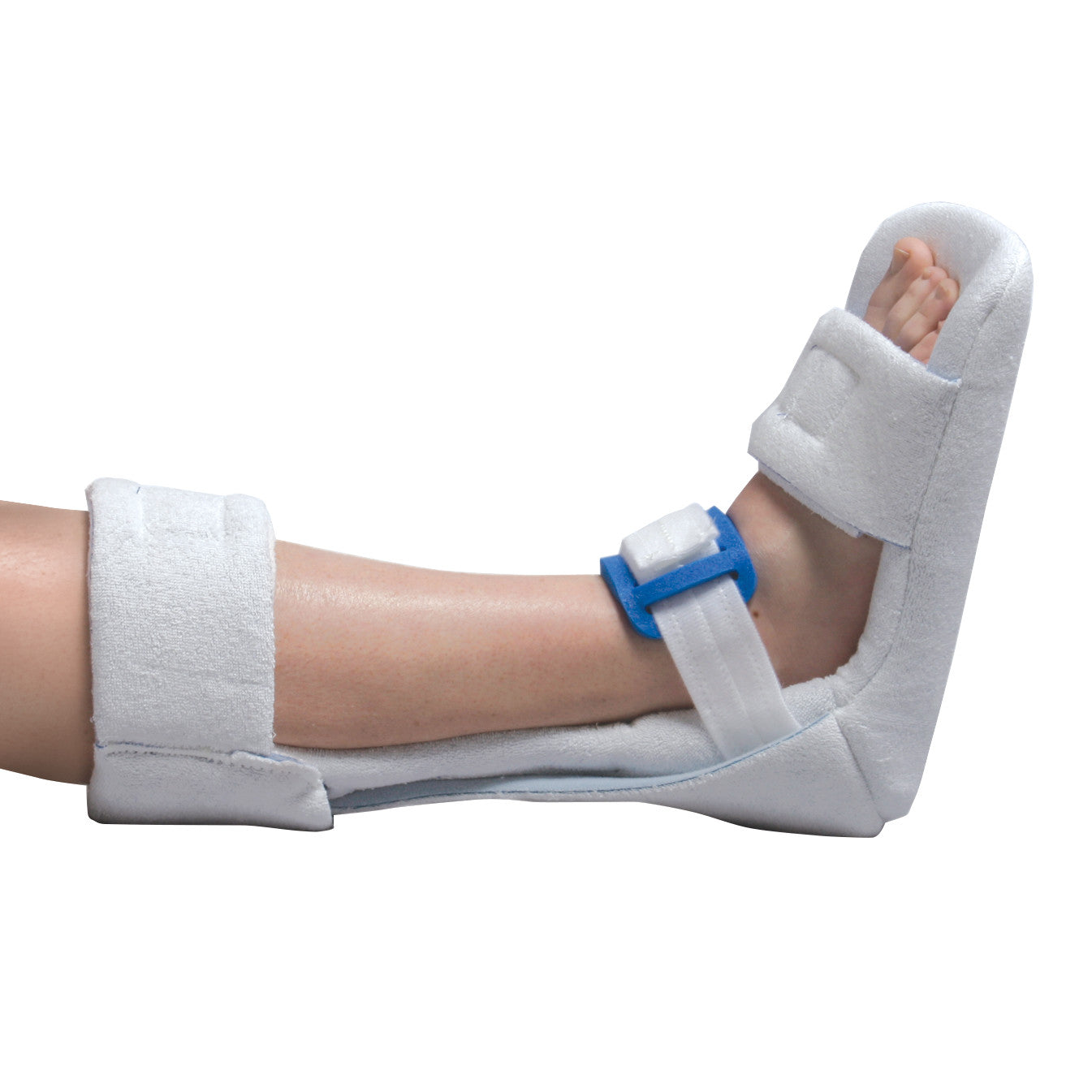 A leg is positioned in an AliMed Plantar Fasciitis Night Splint II, featuring a white padded design with blue straps.