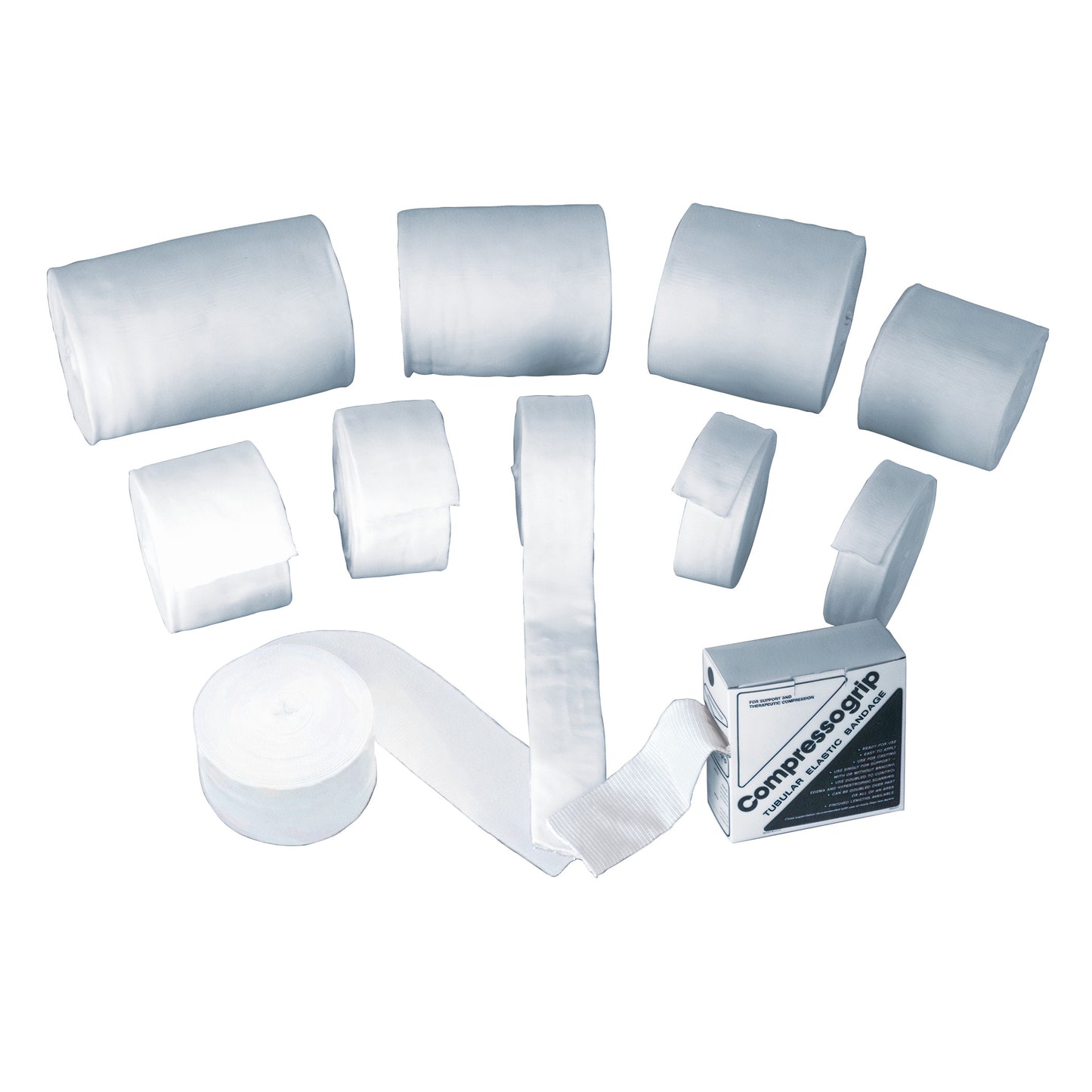 Various sizes of Compressogrip Tubular Elastic Bandage rolls are displayed, with one partially unrolled near the packaging box.
