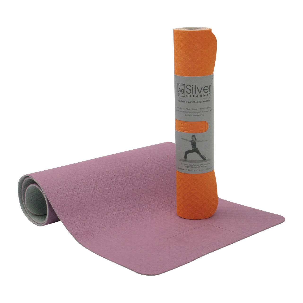 An AgSilver CleanMat Yoga/Exercise Mat. One mat is rolled in orange packaging, and another is partially unrolled in pink.