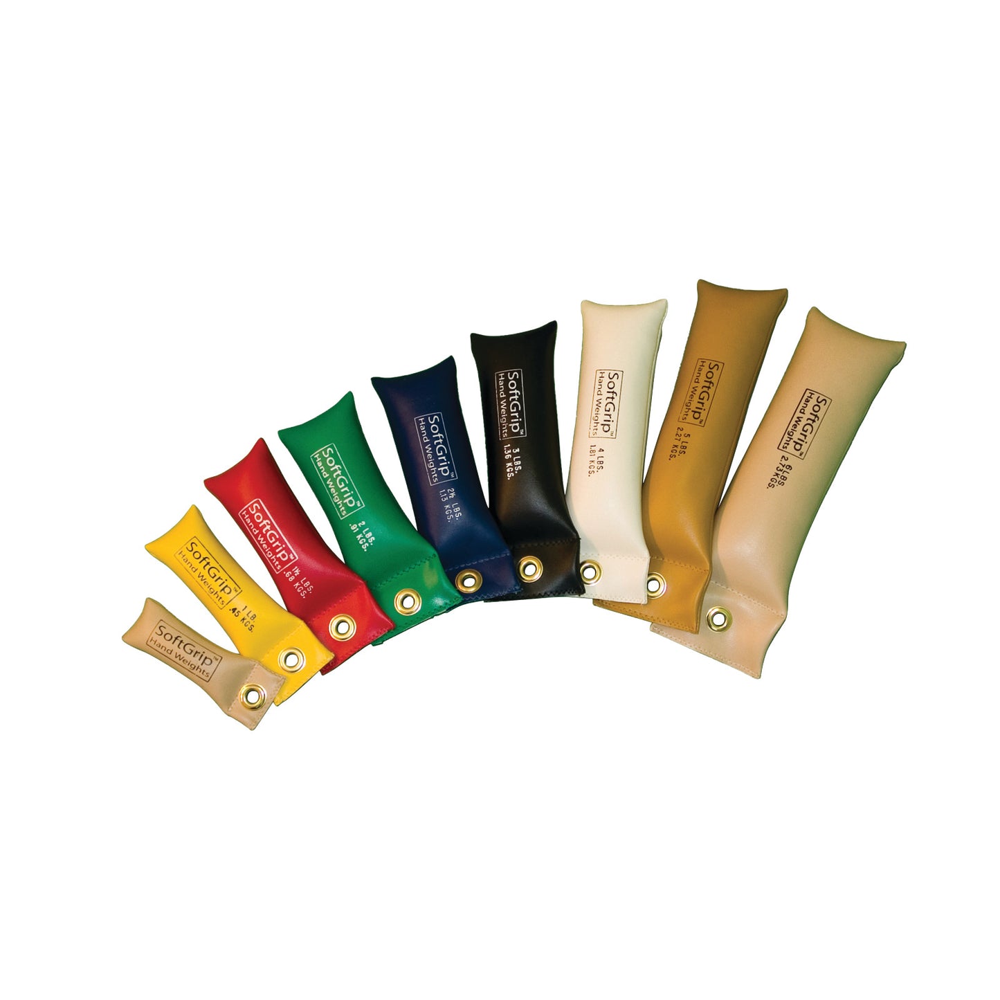 A curved row of CanDo SoftGrip Weights in various colors and sizes, displaying their brand name and weight information.