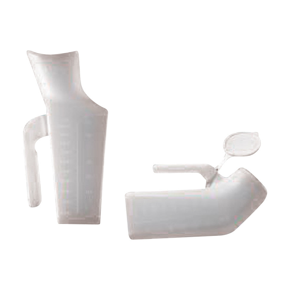 Two Carex Urinals, one with a handle and spout, and the other with a lid and handle, are shown in a side-by-side view.