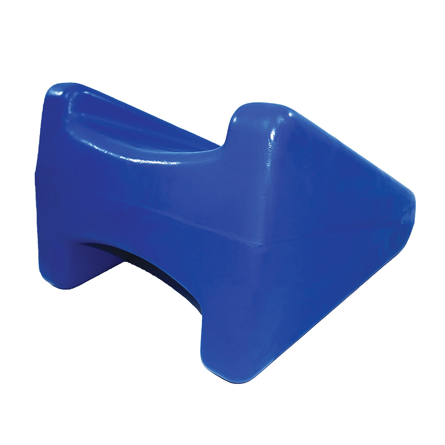 A blue Skillbuilders Bi-Height Wedge with a triangular shape and a cutout underneath for versatile positioning.
