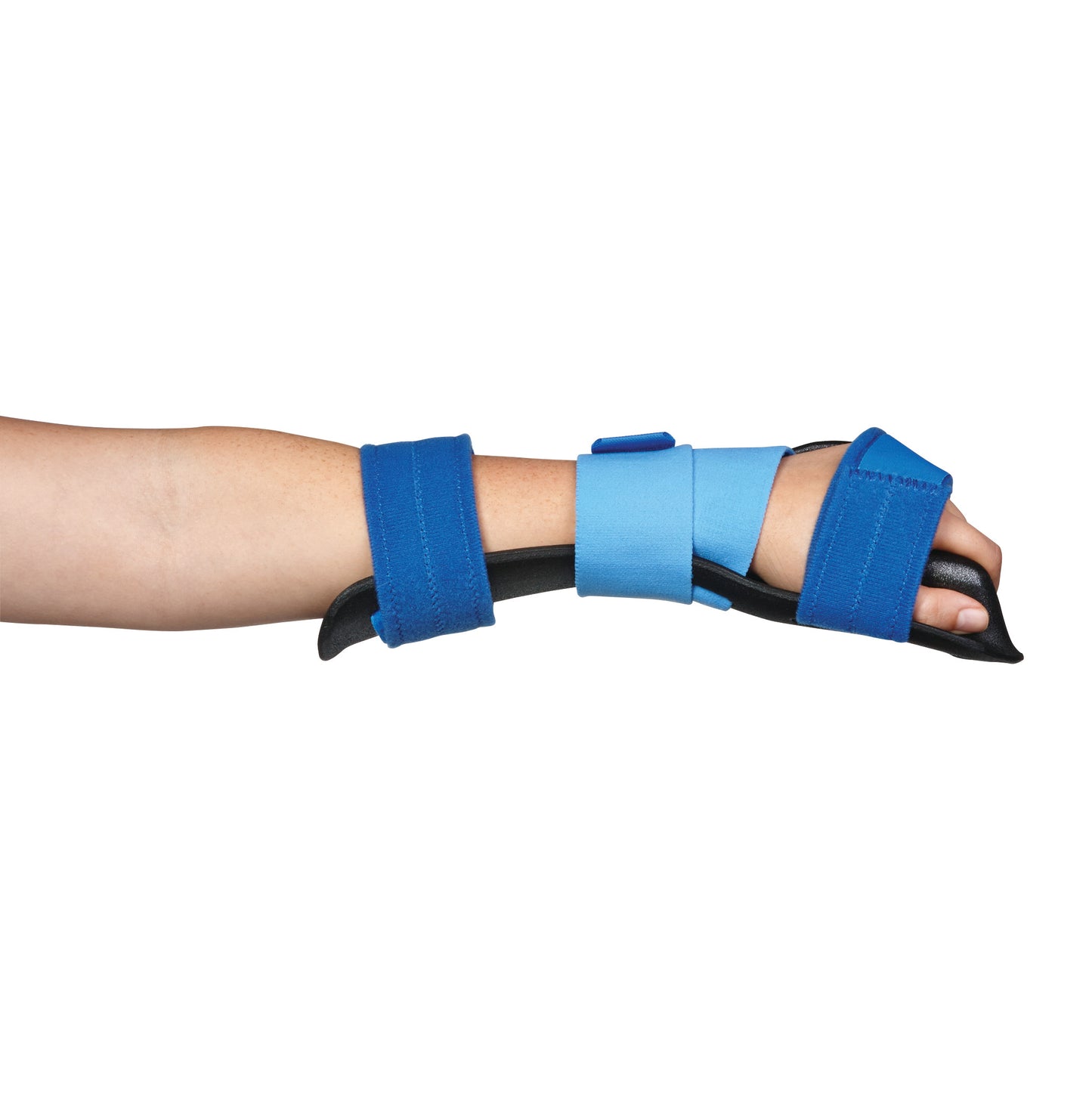 An arm wearing an AliMed AliLite Resting Hand Mitt Splint, with blue straps securing a black support brace for wrist and hand stability.
