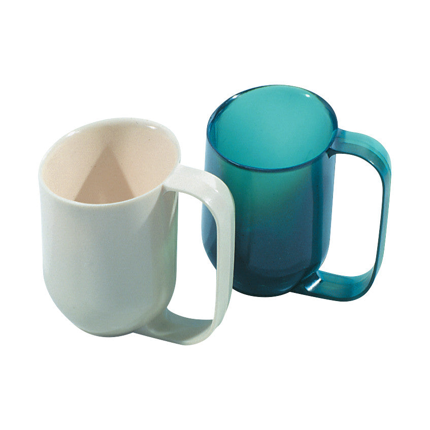 Two Weighted-Base Dysphagia Cups, one white and one translucent blue, each with a large handle and a wide base.